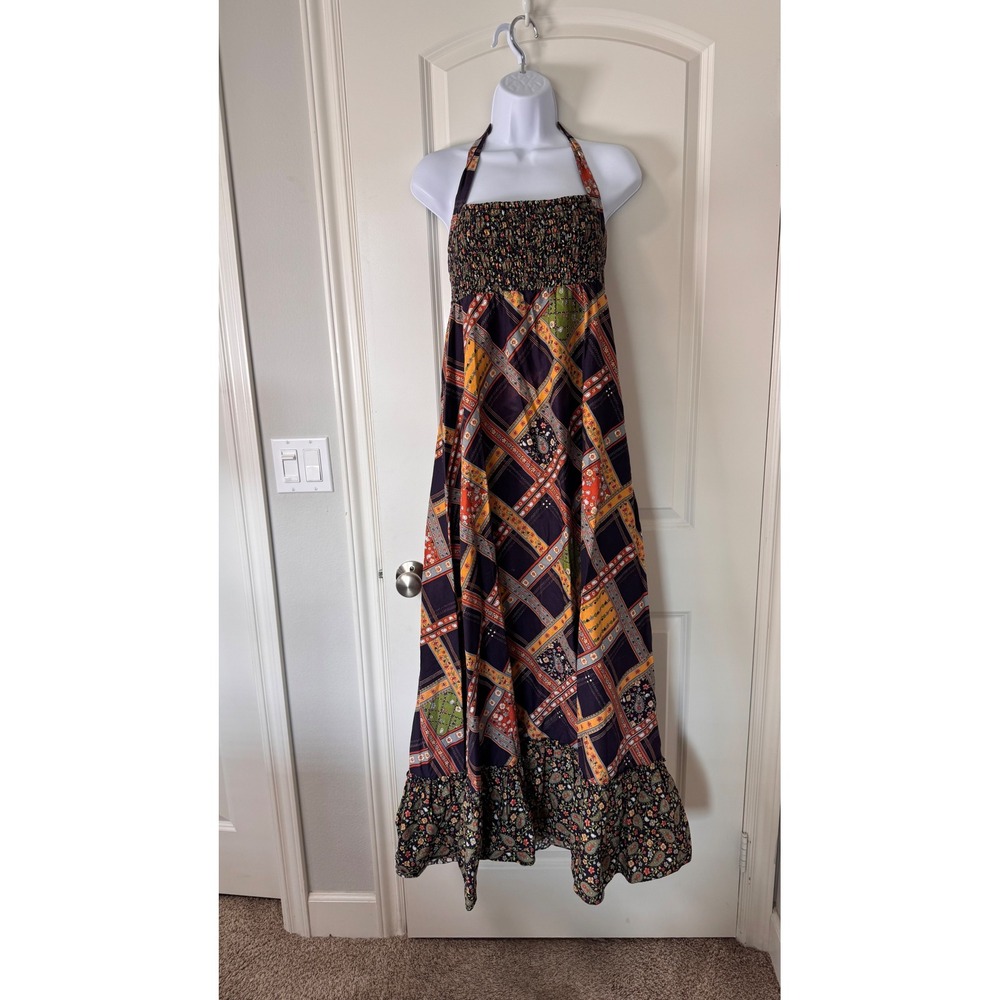 Vintage 70s Non-Stop Maxi Dress Halter Patchwork Floral Union Tag Prairie Hippie